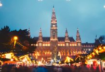 Image of Christmas market breaks by air showing a lit up Christmas tree and town square