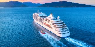 Aerial image of beautiful cruise liner sailing on a Mediterranean cruise 2019