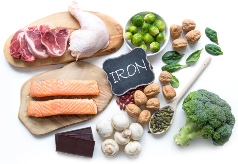Foods rich in iron including meat, fish, pulses and seeds