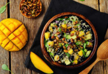 Vegan sources of Omega 3 Mango black bean arugula pumpkin seed quinoa salad.