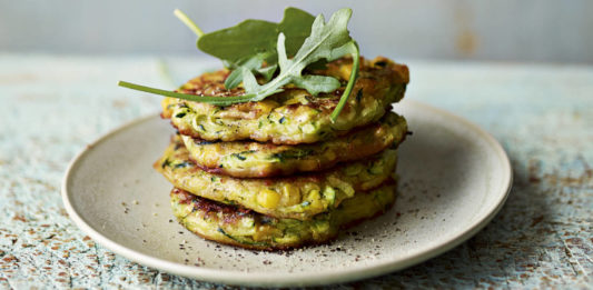 courgette and sweetcorn fritters from Miguel Barclay's Vegan One Pound Meals (Dan Jones/Headline Home/PA)