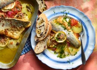 Mediterranean sea bass and potato bake