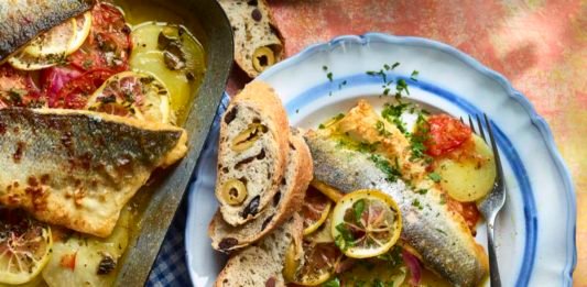 Mediterranean sea bass and potato bake