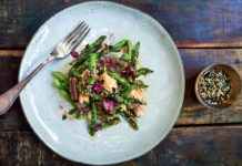 Mackerel asparagus salad with sesame vinaigrette from The Tinned Fish Cookbook by Bart Van Olphen