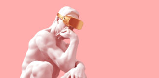 Virtual museum tour Sculpture Thinker With Golden VR Glasses Over Pink Background