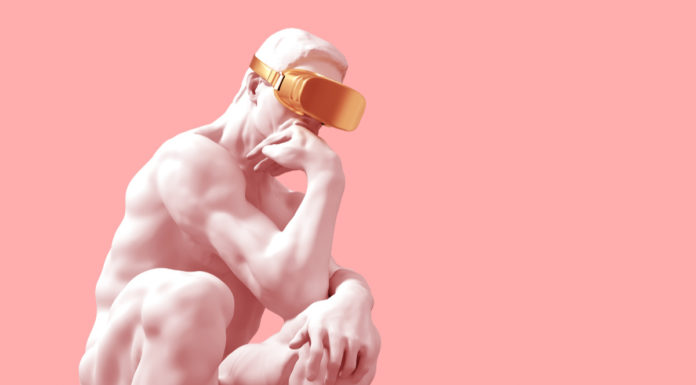 Virtual museum tour Sculpture Thinker With Golden VR Glasses Over Pink Background