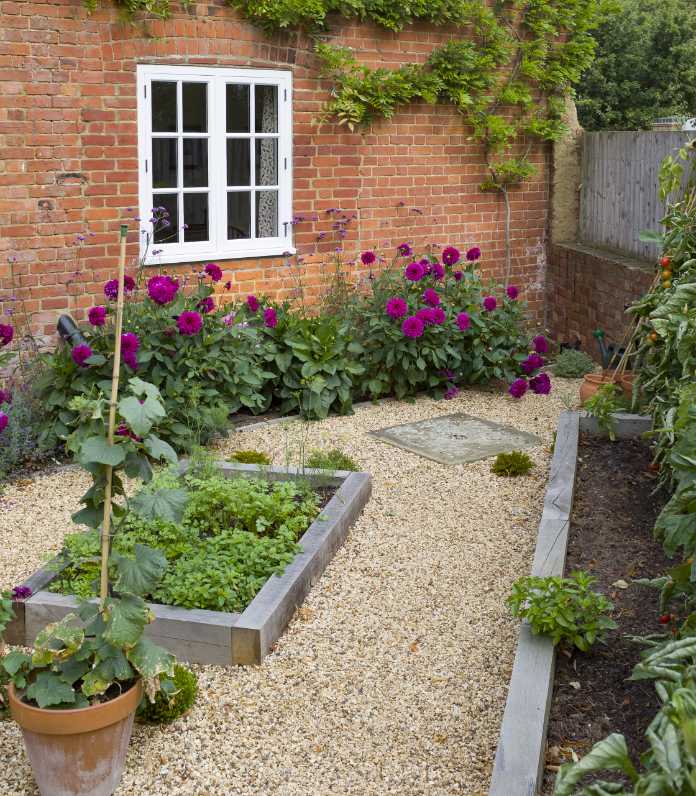 Small English courtyard garden in UK with oak sleeper raised beds, gravel, and a Victorian house