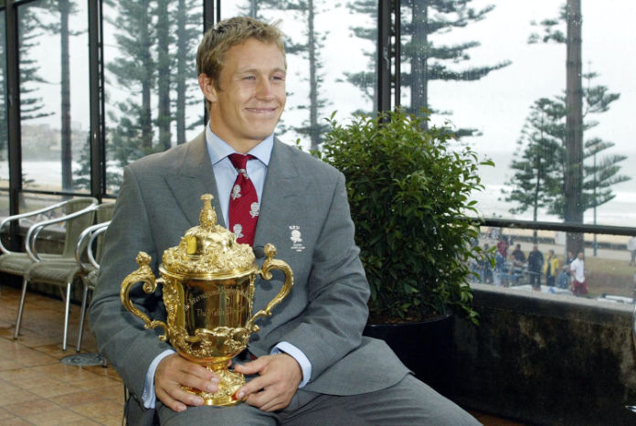 England’s Jonny Wilkinson holding the Rugby World Cup after the victory over Australia in 2003 