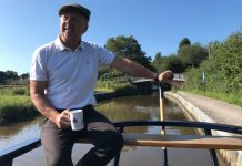 Chris Wiltshire enjoys a cuppa while steering along the Caldon Canal near Denford