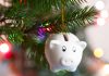top ten money saving tips for ChristmasPiggy bank ornament on Christmas tree