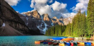 Canoes on Moraine lake in Banff national park, Canada