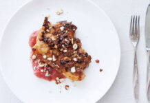 Pork Chops with Rhubarb, Honey, Ginger and Hazelnuts by Claire Thompson