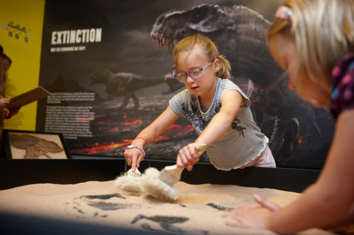 A girl trying out the excavation activity at the museum
