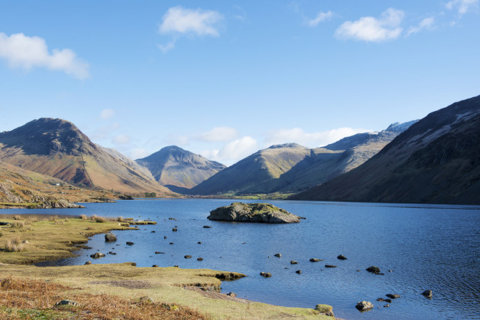 "Britain's Favourite View" of the circle of mountains at the head of Wast Water in the English Lake District. The hills in view are Yewbarrow on the left, Great Gable, Lingmell and the Scafell group on the right.