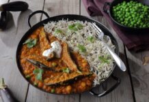 Baked Baby Aubergine with Spicy Lentil and Chickpea Curry