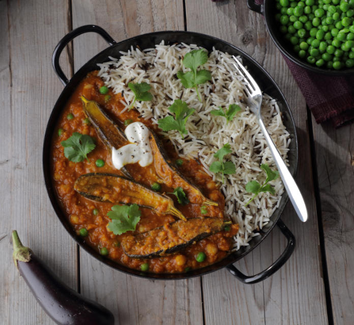 Baked Baby Aubergine with Spicy Lentil and Chickpea Curry