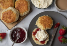 Scones with strawberry jam and whipped cream