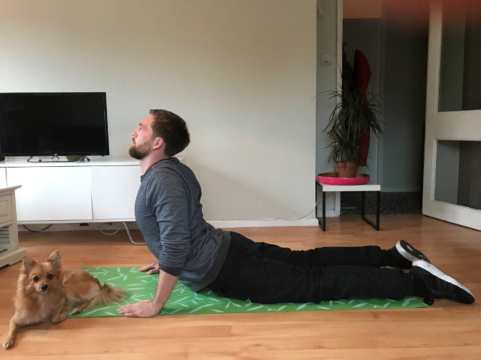 Exercising with your dog doing astretch