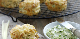 Cheese, celery and walnut scones served with parsley butter