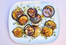 Aubergine and goat’s cheese burger stacks with honey and thyme recipe