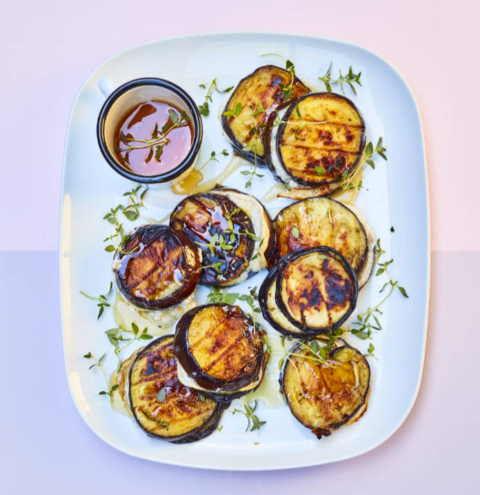 Aubergine and goat’s cheese burger stacks with honey and thyme recipe best bbq recipes