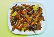 Squash with charred carrots, red onions, coriander seeds, pistachios and lime recipe