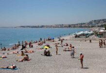 The beach front on the Promenade des Anglais, Nice, France.