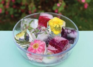 A bowl of floral ice cubes