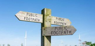 A signpost for public footpaths, causing erosion