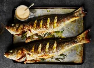 Barbecued whole seabass with fennel mayonnaise