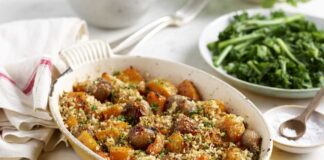 UK Shallots with Squash and Crispy Rosemary and Olive Oil Breadcrumb topping