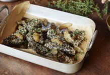 Sesame-crusted feta with black lime honey syrup