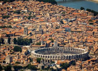 Aerial view, historic city of Arles on the Rhone, downtown Arles the amphitheater on the UNESCO list of World Heritage, Arles,