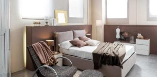 Interior design trends: Modern luxury bedroom with recliner chair, double bed with large headboard and cabinets