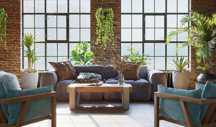 Living room interior with brick wall and lots of plants, industr