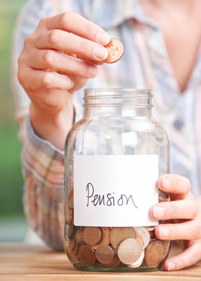 Woman Dropping Coins Into Jar Labelled Pension