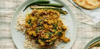 Trini split pea dhal with spinach and okra