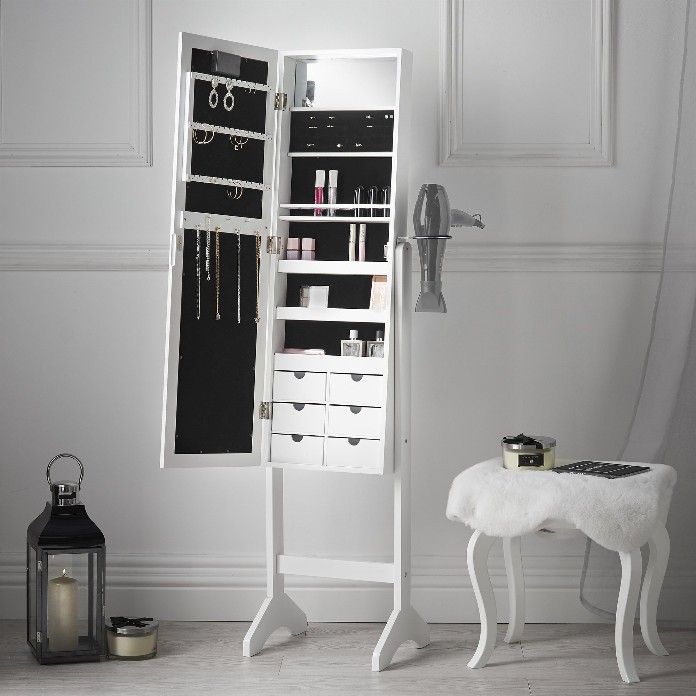 Zoey White Mirrored Jewellery Cabinet with LED Lights, CARME Home