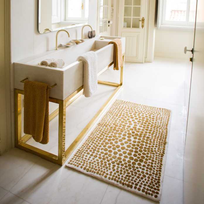 Luxury Dolce Polka Dot Bath Mat by Designer Abyss & Habidecor in Gold, £270 (70 x 120cm), The Rug Seller