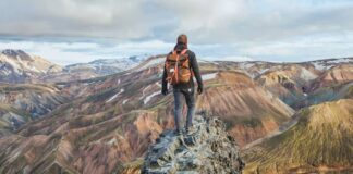 adventure travel, hiking in Iceland with backpack, tourist