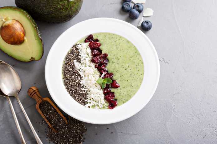 Photo of a green smoothie bowl made with avocado. 