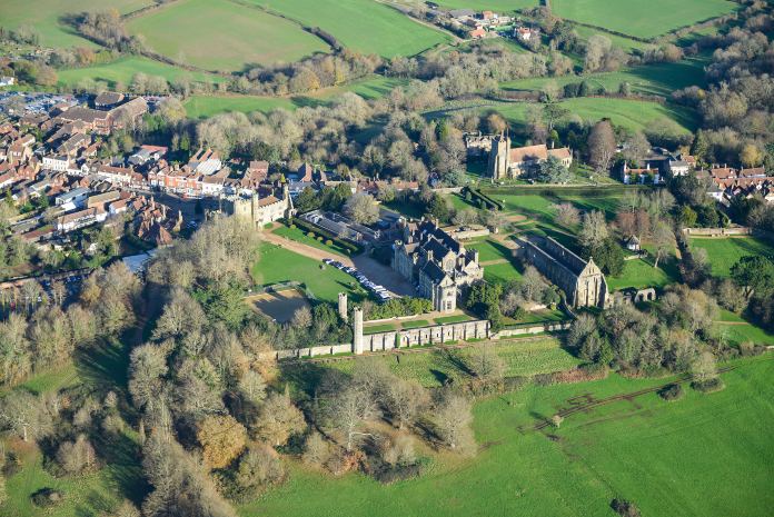 An aerial view of the remains of Battle Abbey 