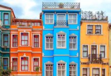 Colourful homes in the Balat district, Istanbul, Turkey