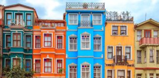 Colourful homes in the Balat district, Istanbul, Turkey
