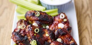 Sticky Chicken Wings with a Spring Onion & Celery Blue Cheese Dip