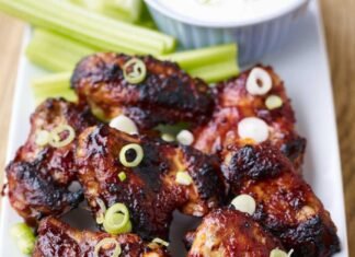 Sticky Chicken Wings with a Spring Onion & Celery Blue Cheese Dip