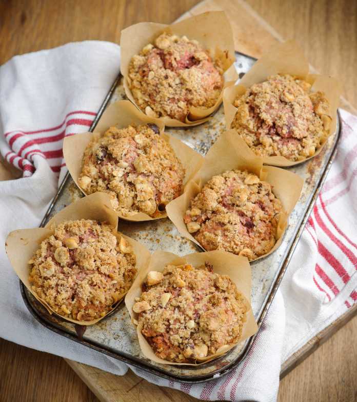 Spiced beetroot & apple muffins with crunchy hazelnut topping