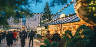 Salzburg Christmas Market seen through Christmas tree branches
