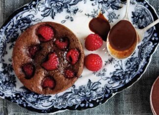 Baked raspberry and chocolate puddings