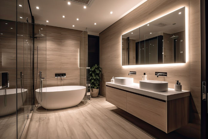 sleek grey marble bathroom with LED lighting, 